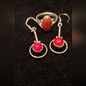 Red Coral Bundle, Earrings & Ring, Sz 8.5. Please See Individual Listings Info.
